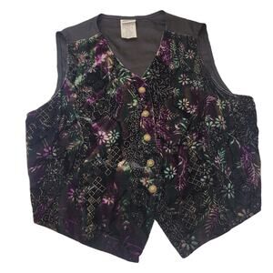 Vintage Sostanza Velvet Vest Women's Medium Black Purple Gold Floral Tapestry